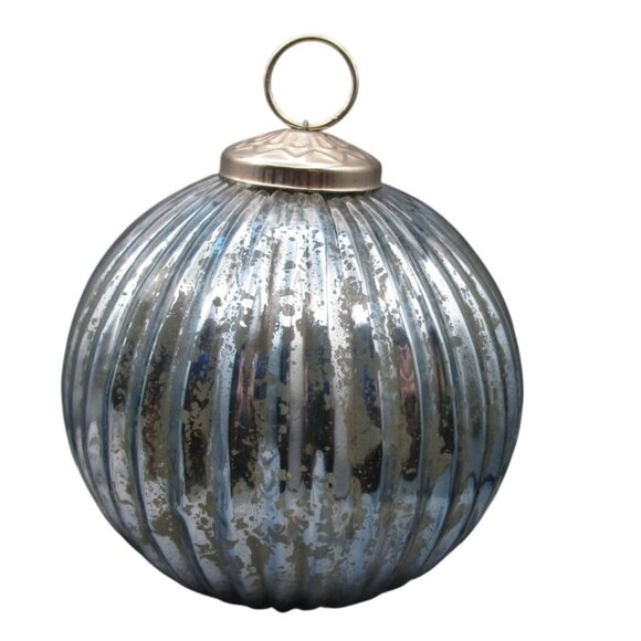 Vintage Ribbed Mercury Style Blue Distressed Glass Ornament Metal Cap GUC - Picture 6 of 7